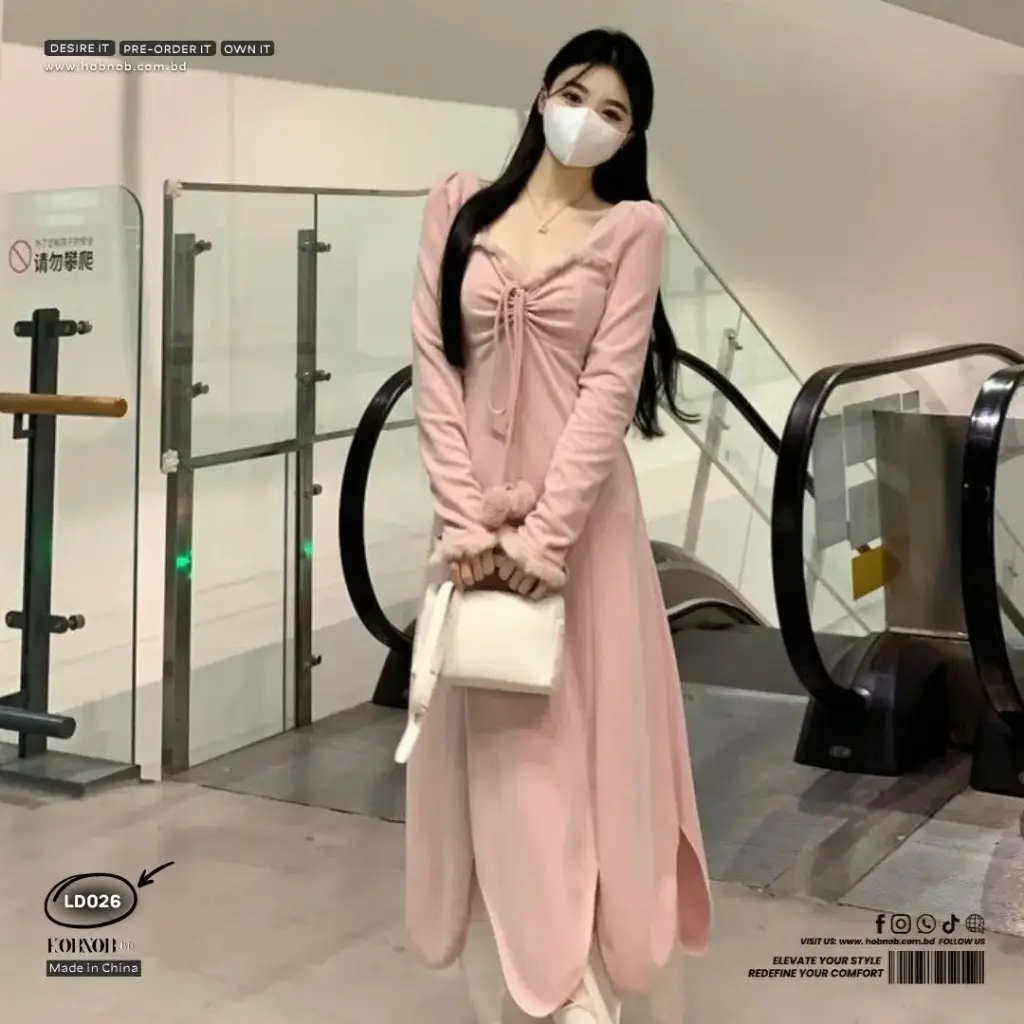  Korean-Style Square Neck Ruffle Pink Long Sleeve A-Line Dress