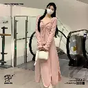 Korean-Style Square Neck Ruffle Pink Long Sleeve A-Line Dress