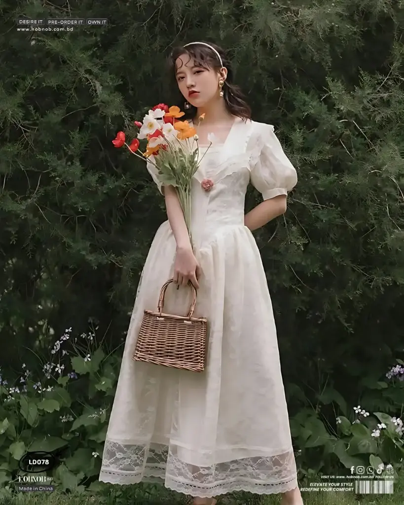 Puff Sleeves Style Off-White Lace Princess Dress