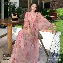  French Floral Chiffon Long Dress with Lantern Sleeves 