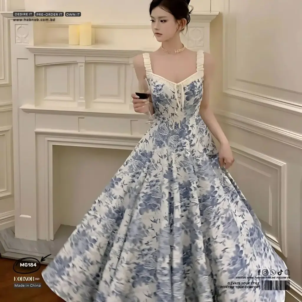 Drape Blue Floral Suspender Midi Dress