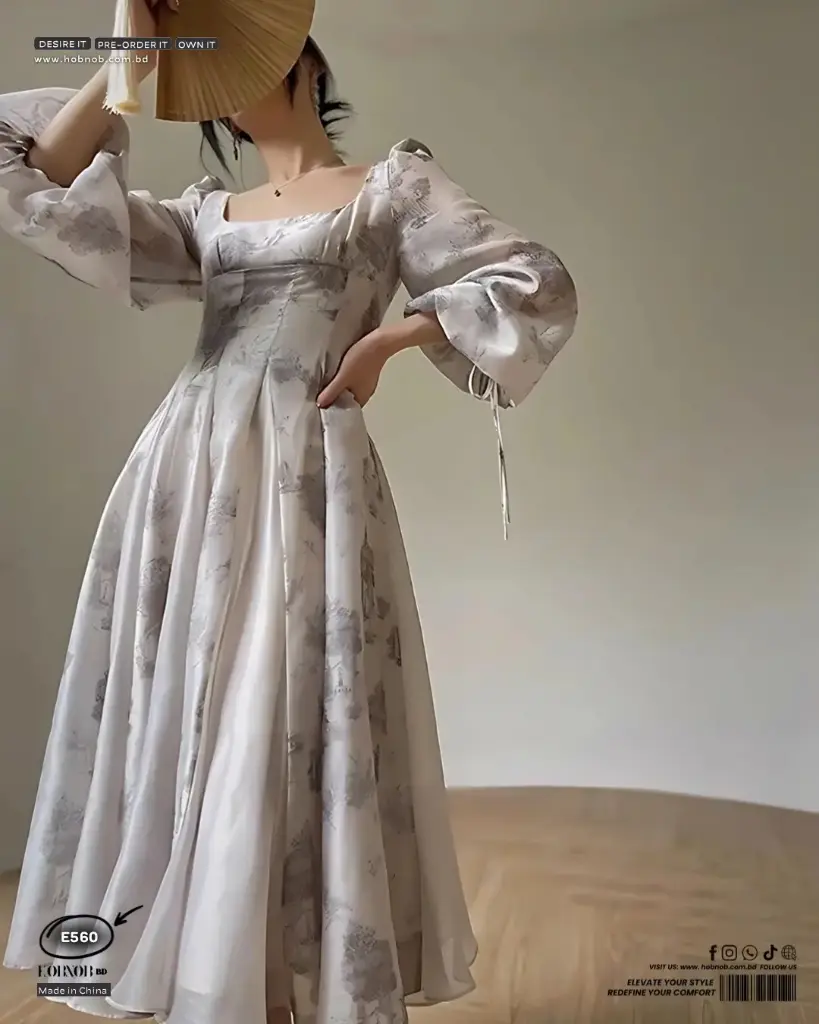 French Style Printed Square Neck Tea Dress
