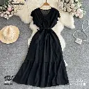  Puff Sleeve Chiffon Dress – V-Neck A-Line Ruffle Design