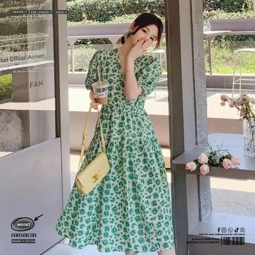 Fresh Green Floral Puff Sleeve Chiffon Dress