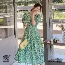 Fresh Green Floral Puff Sleeve Chiffon Dress