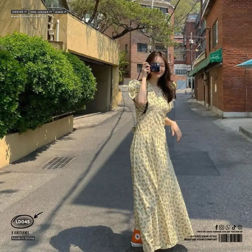 Yellow Floral V-Neck Mulberry Silk Long Dress 
