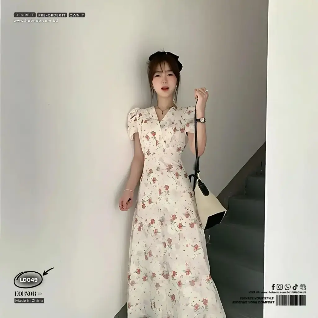 V-Neck A-Line Tea Break Puff Sleeve Floral Long Dress