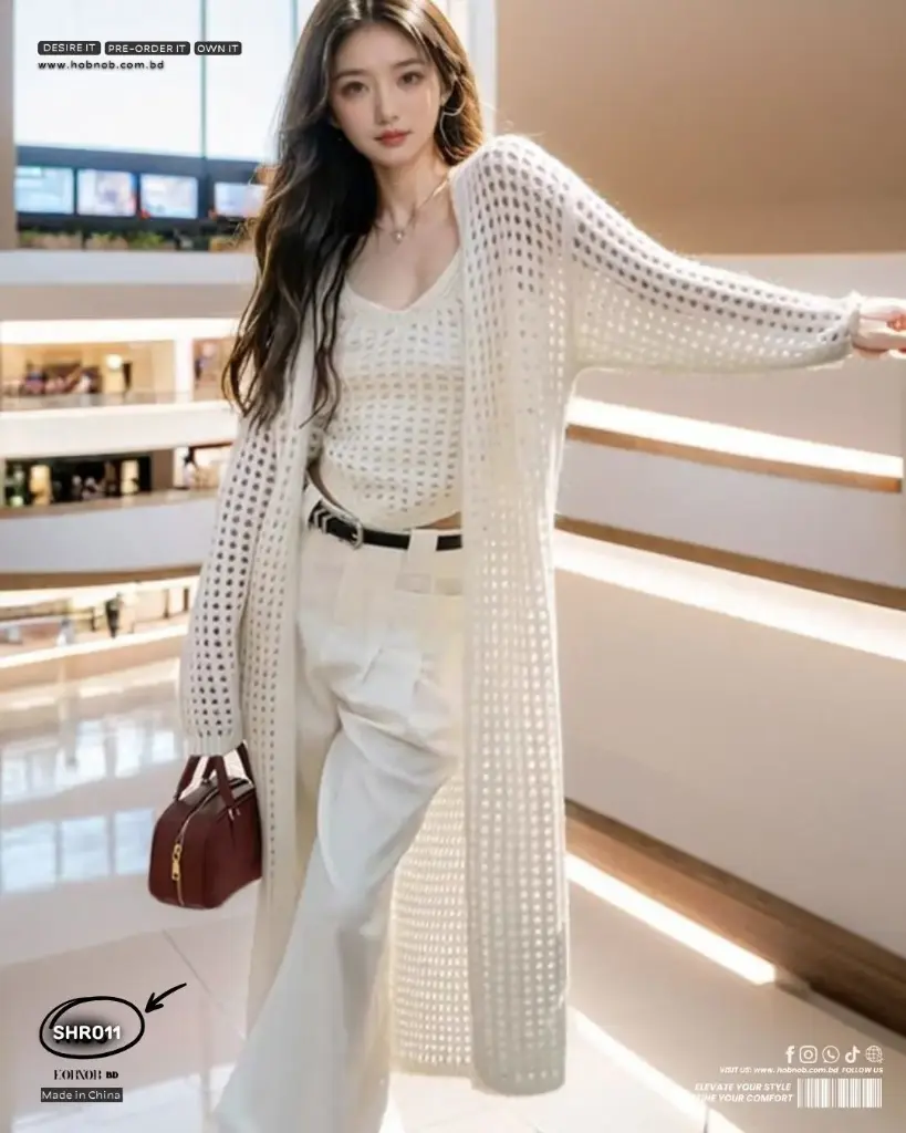 Korean Style Outerwear Hollow Knit Long Cardigan