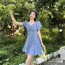 High Waist A-Line Fit Puff Sleeve Denim Mini Dress 
