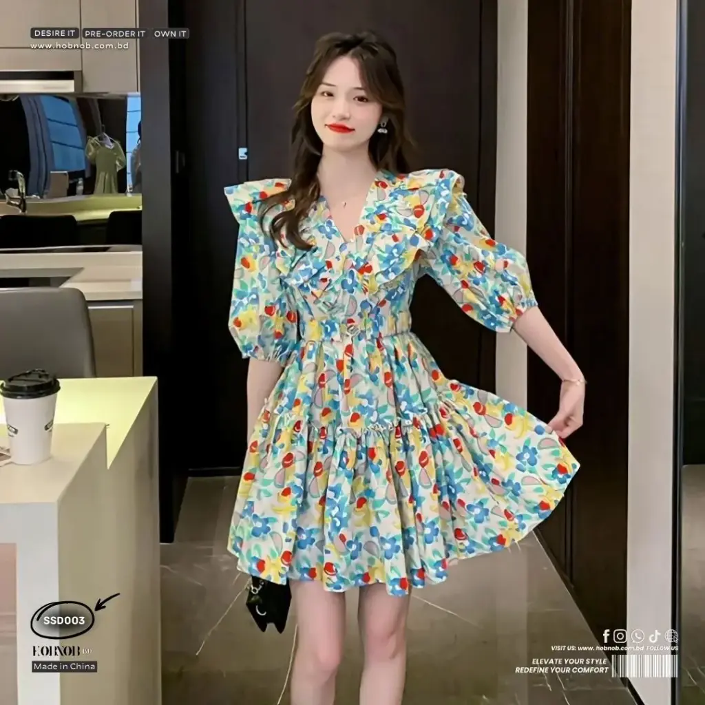 Plus Size Floral V-Neck Ruffle Casual Midi Dress