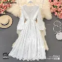   Forest Style V-Neck Chiffon Puff Sleeve Midi Dress