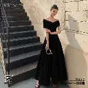 French Retro One-Shoulder Long Toast Gown – Black