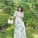  French Floral A-Line Square Neck, Puff Sleeves Dress 