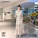   Square Neck Puff Sleeves High Waist Floral Long Dress