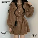 French Retro Puff Sleeve Pure Desire Style Corduroy Short Dress  