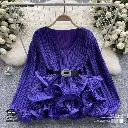  Lemon Mushrooms Satin Pleated V-Neck Lantern Sleeve Blouse 