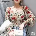 Fairy-Inspired Floral Chiffon V-Neck Shirt Slim Fit Puff Sleeve Top 