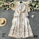 French Palace Style Floral  Long Puff Sleeve A-Line Dress 