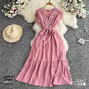  Puff Sleeve Chiffon Dress – V-Neck A-Line Ruffle Design