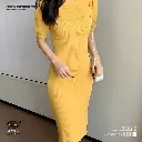  Meishi Meike Ice Silk Knitted Puff Sleeve Slit Skirt Dress