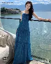 Blue Floral One-Shoulder Backless Dress 